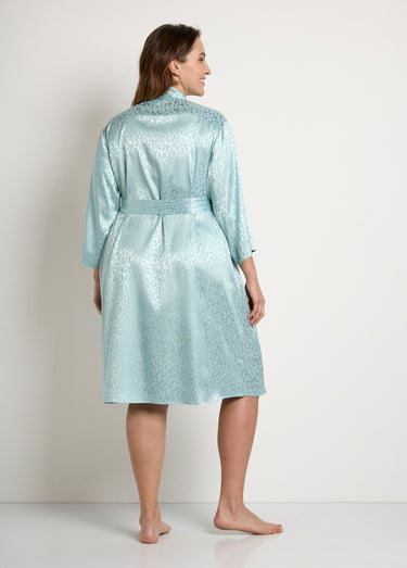 Peignoir kimono satiné mi long imprimé léopard Menthe