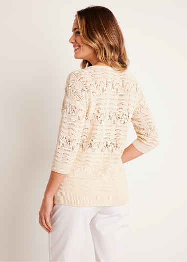 Pull manches 3/4 motif ajouré col V Ficelle