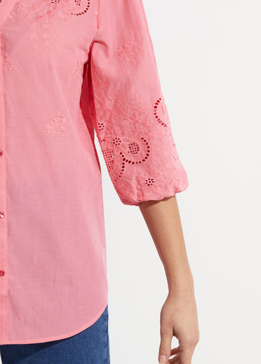 Chemisier long coton brodé manches 3/4 Rose bonbon