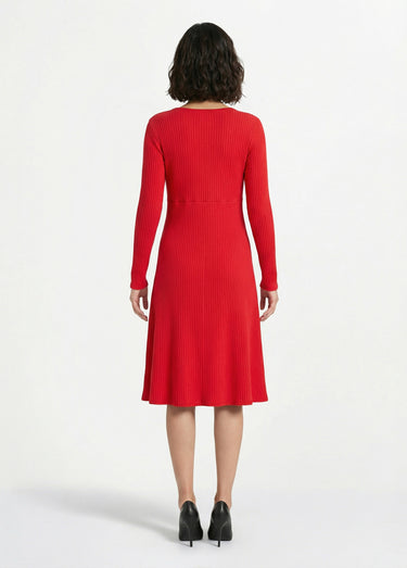 Robe unie courte col V en maille côtelée Rouge
