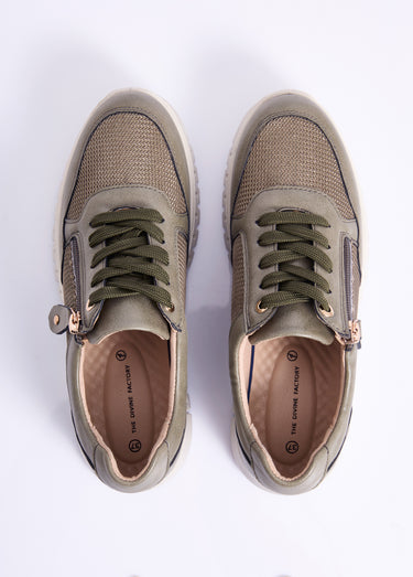 Baskets bi-matière lacées et zippées largeur confort Kaki