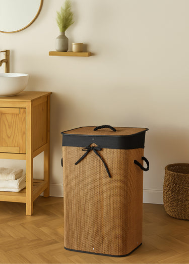 Panier à linge bambou tressé et tissu Noir/Bambou