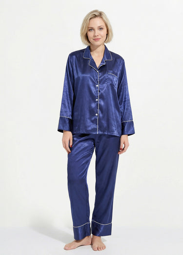 Pyjama long satin passepoil contrastant Marine