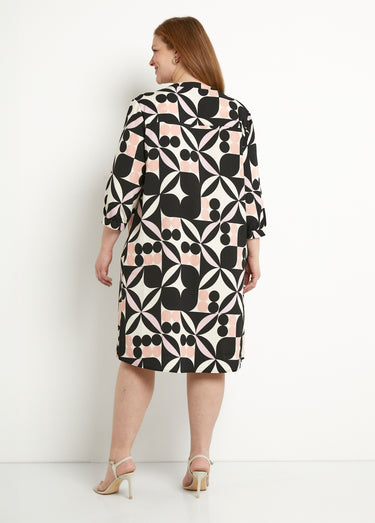 Robe droite courte manches 3/4 motif graphique Noir/Rose