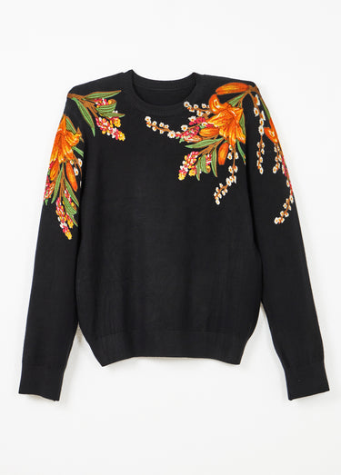 Pull chaud col rond imprimé floral manches longues Noir