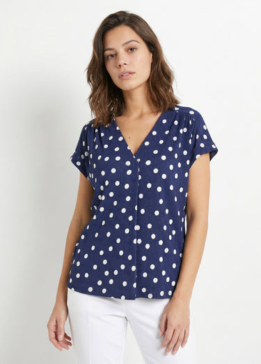 T-shirt ample imprimé pois col V Marine / Blanc