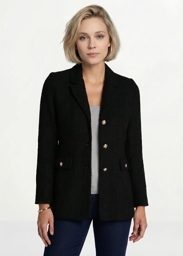 Veste droite boutonnée tissu natté col tailleur Noir