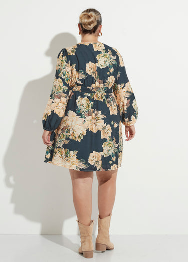 Robe courte taille plissée, pivoines Marine/Beige