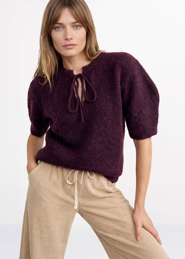 Pull manches courtes doux avec laine Bordeaux