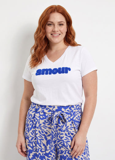 T-shirt encolure V avec broderie Amour Blanc/Bleu
