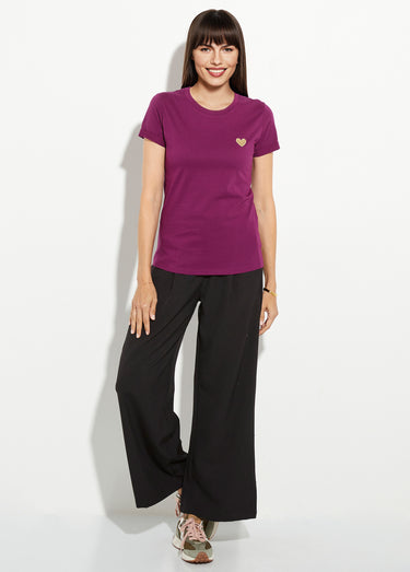 T-shirt col rond broderie coeur poitrine Violet