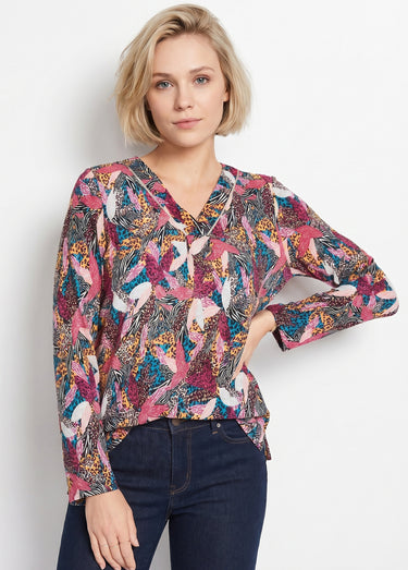 T-shirt long col V évasé manches longues Cassis/Miel