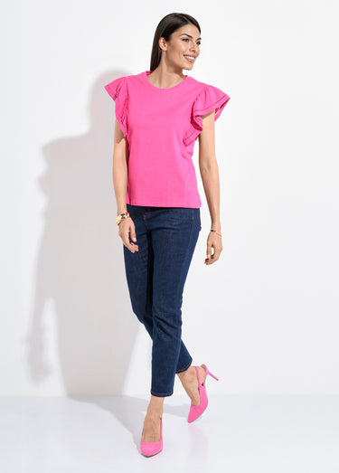 T-shirt manches courtes volantées ajourées Fuchsia