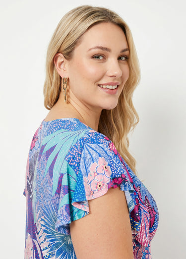 Robe courte évasée col V drapé Bleu/Fuchsia