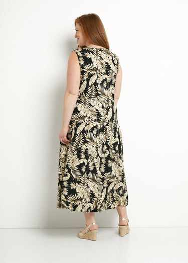 Robe longue sans manches évasée imprimé feuillage Noir/Ecru