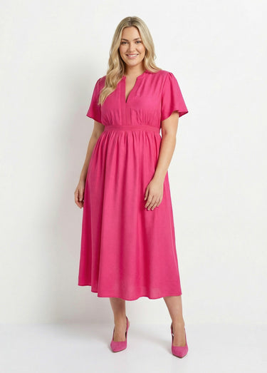 Robe longue surpiqures encolure + taille Fuchsia