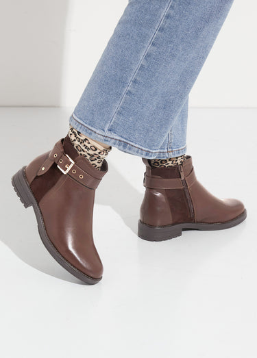 Boots bi matière avec bride cheville Marron
