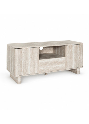 Meuble TV 3 portes, aspect pierre travertin Blanc/Beige