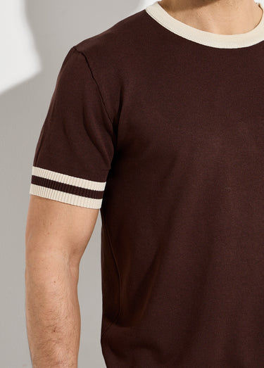 Pull manches courtes détails bicolores Marron