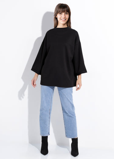 Sweat shirt large col rond, manches 3/4 Noir