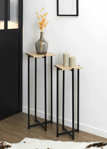Sellettes métal et plateau aspect bois Noir