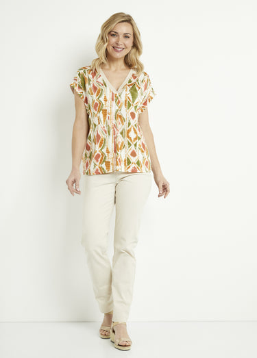 T-shirt col V ample manches courtes Vert/Terracotta