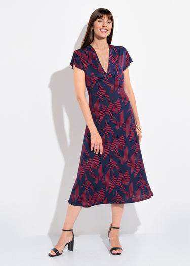 Robe longue manches col V motif graphique Marine/Bordeaux
