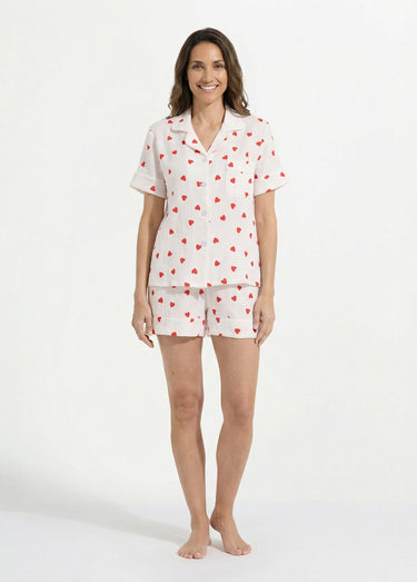 Pyjama short gaze de coton et cœurs Blanc