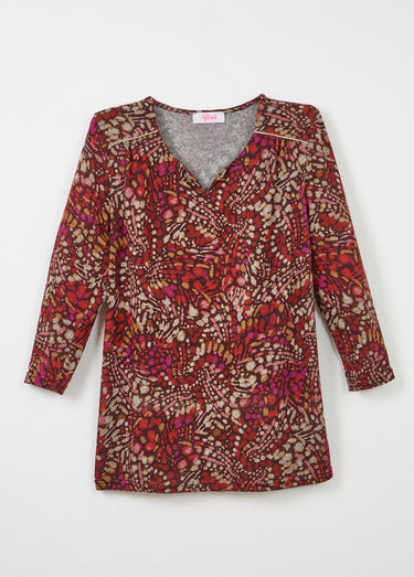 T-shirt long évasé manches 3/4 imprimé tachiste Bordeaux/Rose