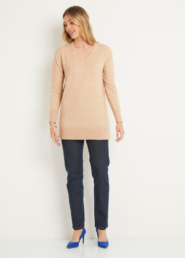 Pull tunique chiné long col V avec laine Sable