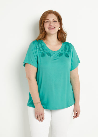 T-shirt coton brodé ajouré col rond Aqua