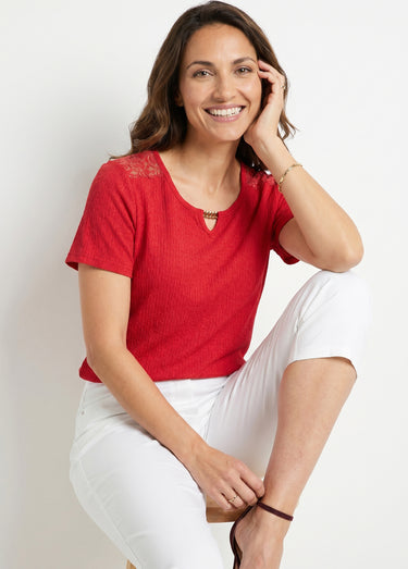 T-shirt court dentelle Rouge