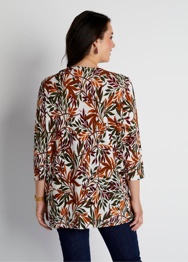 T-shirt long évasé manches 3/4 col rond Imprime Vert