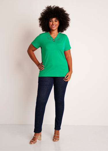 T-shirt col V ajouré brodé Vert