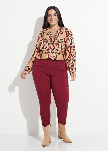 Blouse col V boutonné imprimé acanthes Beige