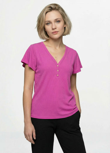T-shirt col V jersey cotelé, Essentiel Fuchsia