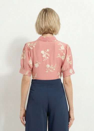 Chemisier brodé manches bouffantes Corail