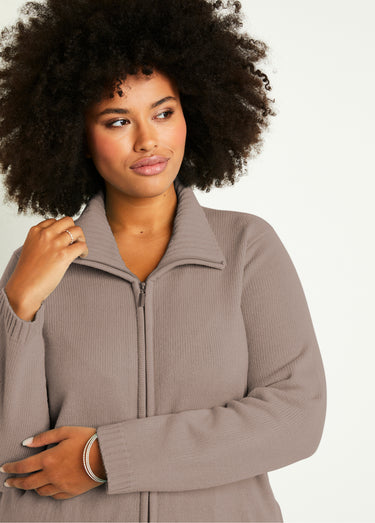 Gilet zippé long uni col montant Taupe