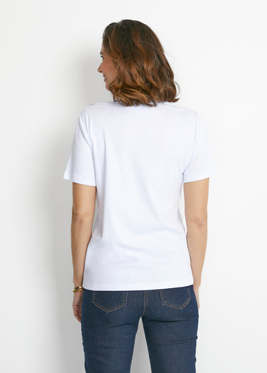 T-shirt manches courtes col motif clouté Blanc