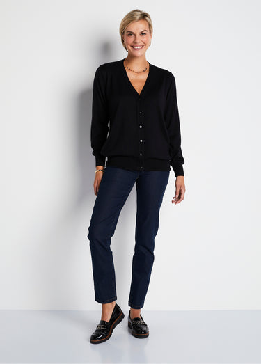 Gilet boutonné col V avec laine mérinos Noir