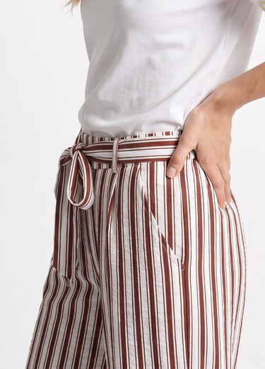 Pantalon rayé ceinturé, fils métallisés Marron/Ecru