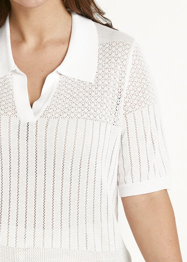 Pull fin col polo ajouré manches courtes Blanc