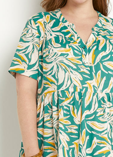 Robe col V boutonnée imprimée manches courtes Vert/Blanc