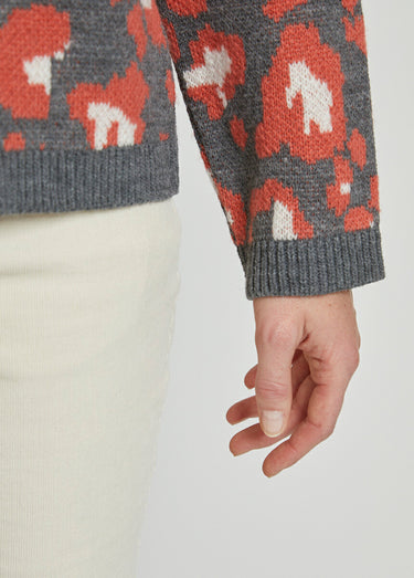 Gilet court boutonné jacquard léopard Gris/Tomette