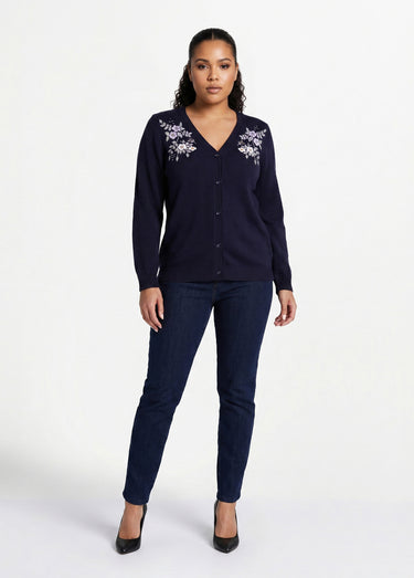 Gilet doux uni col V boutonné court brodé Marine