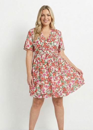 Robe courte cache coeur motif fleuri vif Rose/Orange
