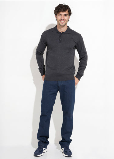 Pull maille fine avec laine et col polo Gris Fonce