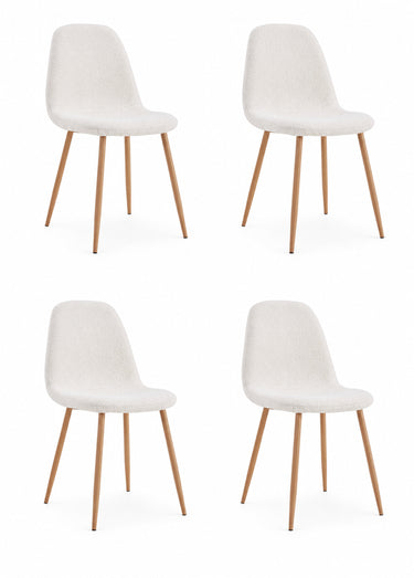 Set 4 Chaises coque bouclette, pieds compas Blanc/Marron