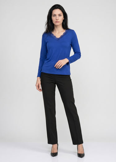 T-shirt court dentelle col V manches longues Bleu Dur