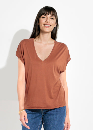 T-shirt fluide manches courtes porté loose Marron